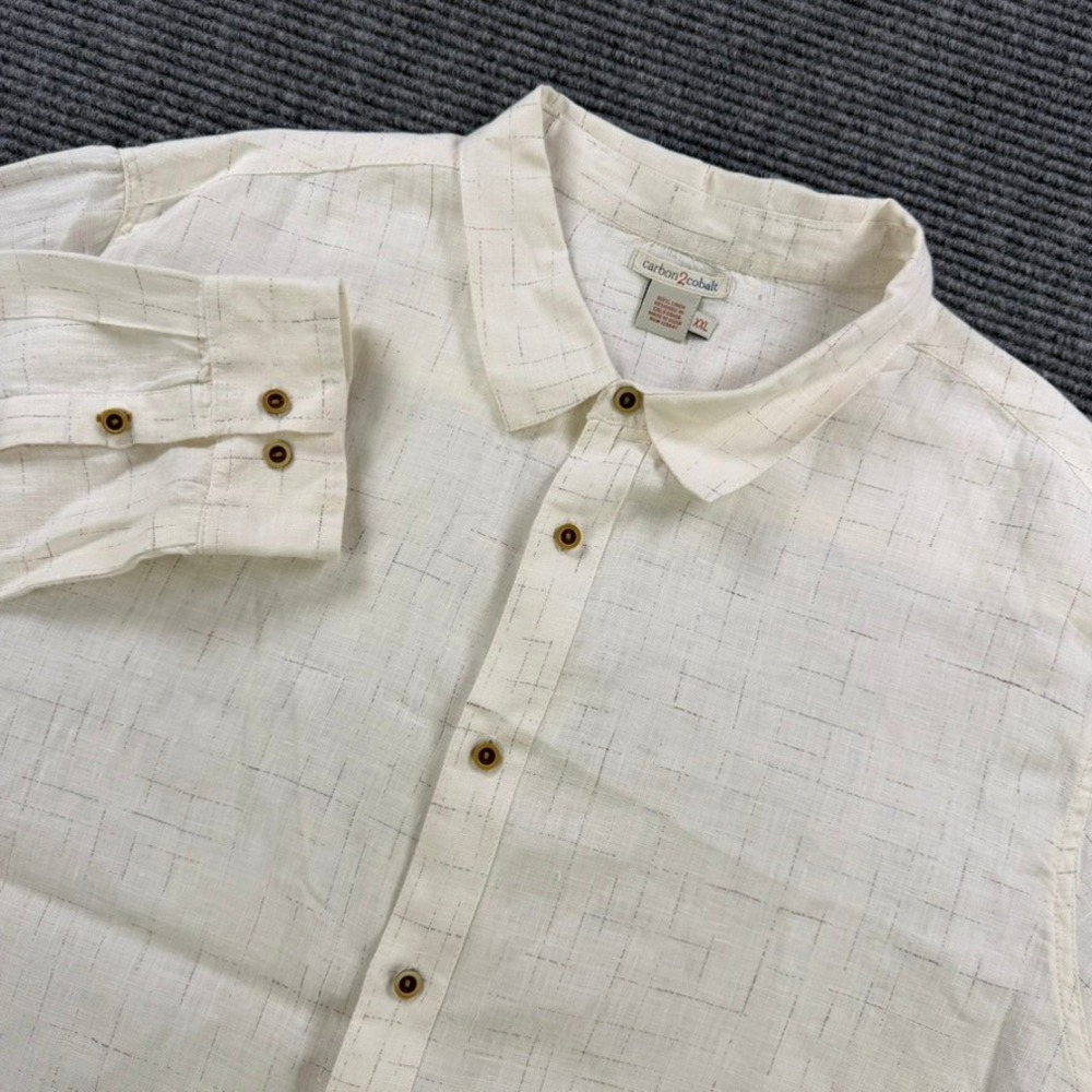 Carbon 2 Cobalt Mens XXL Cream 100% Linen Windowpane Grid Button Down Shirt 2XL